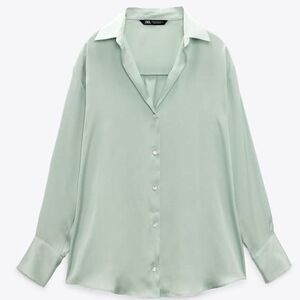 NWT  Women's Long Sleeve Satin Shirt Light Green Size XS